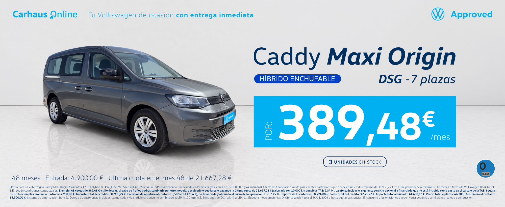Volkswagen Caddy Maxi Origin eHybrid DSG 7 plazas Volkswagen Approved